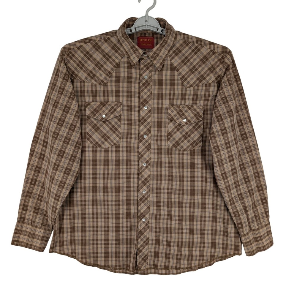 Vintage Rustler Mens XL‎ Long Tails Brown Plaid Western Pearl Snap Shirt